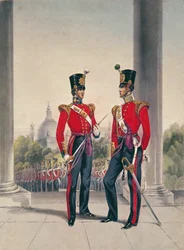 Brit tisztek Indiában (színes gravírozás)