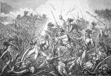 Brit támadás a Fort Ticonderoga ellen 1758. július 8-án (metszet)