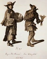 Vásároljon új Almanachot! Finom írófesték!, utcai árusok illusztrációja 1675 körül