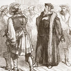 Kálvin ellenségei előtt a Tanácsban, illusztráció: James Aitken Wylie (1808-1890) A protestantizmus története című könyvéből, pub. 1878