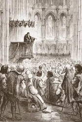 Kálvin búcsúbeszédét hirdeti a száműzetés reményében, illusztráció: James Aitken Wylie (1808-1890) A protestantizmus története című könyvéből, pub. 1878