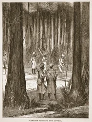 Cameron átkel a Luwatin, illusztráció a David Livingstone élete és felfedezései képi kiadásából, J. Ewing Richie, pub. A. Fullarton & Co., 1876