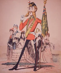 Karikatúra a gyalogsági alispánról, aki ezred színeit tartja, Seccombe őrnagy: Army and Navy Drolleries
