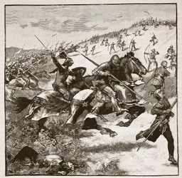 A skótok vádja Homildon Hillnél, illusztráció a Cassells Illustrated History of Englandből (szépia fotó)