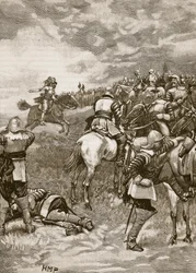 Charles a Naseby-i csatában, illusztráció a Cassells Illustrated History of Englandből (szépia fotó)