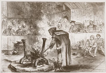Charles látja az álarcok játékát, illusztrációja James Aitken Wylie (1808-1890) A protestantizmus története című könyvéből, kocsma. 1878