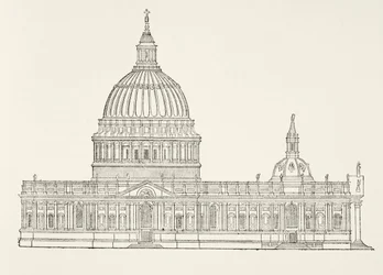 Christopher Wrens első terve az új St. Pauls-katedrálishoz a londoni nagy tűzvész után, William Hickman Smith Aubrey (1858-1916) Anglia nemzeti és hazai története című könyvéből.