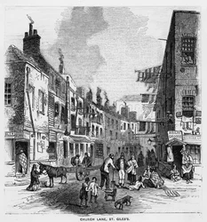 Church Lane, St Giles, 1840 körül (metszet)