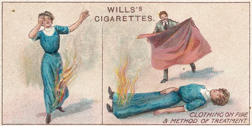 Clothing on Fire, 34. sz. a Willss Cigarettes kártyák First Aid sorozatából, 1913