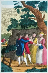 Jack ezredes kirabolja Mary Smitht, illusztráció a "Legünnepeltebb országúti és utcai rablók élete és kalandjai..." című könyvéből, 1822-ben (színes litó)