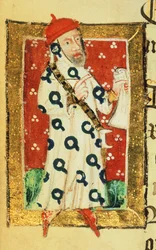 Cott Nero D VII f.105v Nigel Lorning, a harisnyakötő lovagja, a Benefactors Book of St. Alban
