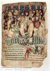 Cott Vitt A XIII f.3v William megöli Haroldot a hastingsi csatában, az angolszász és normann angliai királyok rendeleteiből (vellum)