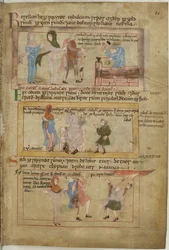 Cotton Claudius B IV fol.10 Lamech és két felesége és fia, Tubalcain, a kovács, munkában (vellum)