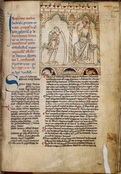Cotton Claudius B. VII, f.224 Merlin fiú, aki Vortigern király előtt prófétál, illusztráció a Merlin próféciáiból, Geoffrey of Monmouth, 1250 körül (vellum)