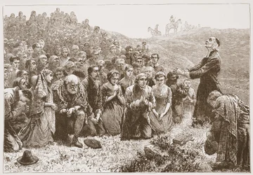 Covenanters istentisztelet a Whitadder partjainál, illusztráció: James Aitken Wylie (1808-1890) A protestantizmus története című könyvéből, pub. 1878