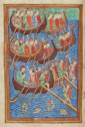 A dánok Hinguar és Hubba uralma alatt szállnak le Nagy-Britanniában, a Miscellanyból St. Edmund életéről, Bury St Edmundsból, 1130 körül (vellum)