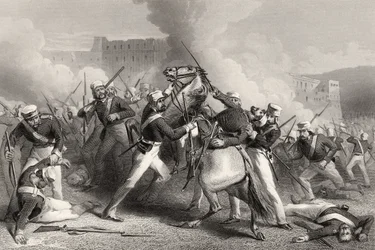 Adrian Hope dandártábornok halála a Roodmow erőd elleni támadásban, 1858. április 15., az 1858-ban kiadott "Az indiai lázadás története" című könyvből.