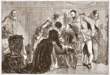 Csendes Vilmos halála, Orange hercege, illusztráció James Aitken Wylie (1808-1890) „A protestantizmus története” című művéből, pub. 1878 (metszet)