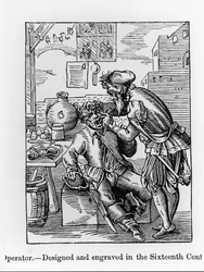 Fogorvos, illusztráció a "Tudomány és irodalom a középkorban és a reneszánszban" című könyvből, írta és metszett: Paul Lacroix, 1878 (metszet) (bw fotó)