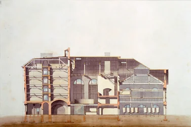Tervezés a Stag Brewhouse számára, eredeti kéziratos rajz George Saunders irodájából, 1807 körül (ceruza, wc, toll és tinta papíron)