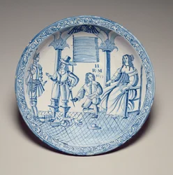 Edény Katalin királynővel, 1677-ben térdelő lovas cipővel (ónmázas cserépedény)