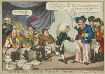 Doctor Boney_hozza a hatalmakat Potba, vagy John Bull és barátai meglehetősen félénk kocsmában. 1808 (kézzel színezett metszet)