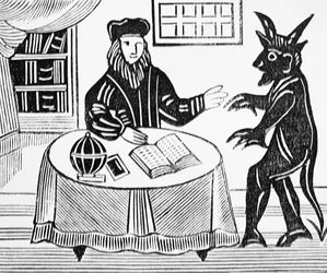 Dr. Faustus tanácskozásban az ördöggel, Gentsből Dr. Faustus Christopher Marlowe (1564-93) fordítása 1648-ban, ezoterikus témájú könyvek gyűjteményéből