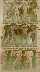 „Rajzok a Dondun királyság szörnyű fajairól, köztük küklopszokról, kannibál óriásokról és blemmyae-ról”, illusztráció a „Sir John Mandeville utazásai” című könyvből (tintával és színnel pergamen)
