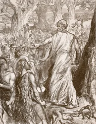 Druidák uszítják a briteket, hogy ellenezzék a rómaiak partraszállását, illusztráció a Cassells Illustrated History of England-ből (szépia fotó)