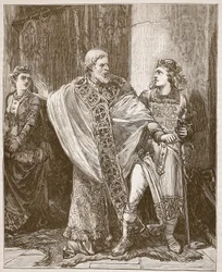 Dunstan elrángatja Edwyt Elgiva jelenlétéből, illusztráció a Cassells Illustrated History of Englandből (szépia fotó)