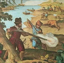 Gyufás muskétákkal felfegyverzett holland tengerészek, akik tevékre lőnek, hogy feltöltsék hajóikat (kézzel festett gravírozás)