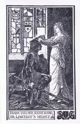 Elaine ujját Sir Lancelot sisakja köré köti, a Longmans Green and Co által kiadott „The Book of Romance” illusztrációja.