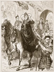 Elizabeth nyilvános belépése Londonba, illusztráció Cassell Illustrated History of England című művéből (szépia fotó)