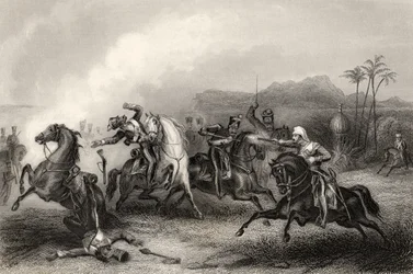 Találkozás Hills hadnagy és a Sepoy-lovasság teste között, az 1858-ban megjelent „The History of the Indian Mutiny” c.