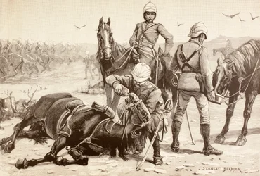 Angol lovasság itatja lovait a Mahdist háború alatt, Szudán az 1880-as években (litho)