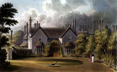 Őfelsége kunyhójának bejárata, a Windsor Great Parkban, R. Ackermann (1764-1834) „Művészetek Tárából”
