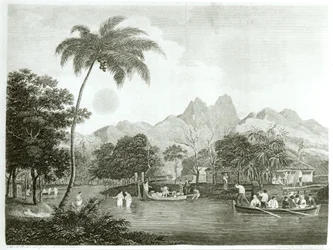 Európai misszionáriusok egy tahiti faluban, a Missziós utazástól a Csendes-óceán déli részéhez, 1796-98 között a Ship Duffban, megjelent 1799