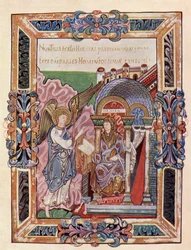 Fakszimile az Ethelwold Benedictional-ból, amely az Angyali üdvözletet mutatja, a The Church of England: A History for the People című könyvből, amely 1910 körül jelent meg