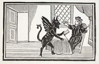 Faustust a Lélek figyelmeztette, hogy számítson a végére, illusztráció a Chap-books of the Eightenth Century-ből, John Ashton, kocsma. 1882