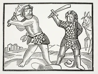 Ferragus hatalmas sereget állít fel, és ostrom alá veszi Acquitain városát, illusztrációja John Ashton, a kocsma a Chap-books of the Eightenth Century-ből. 1882