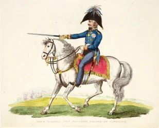 Feld Marshall von Blucher, Wagstadt hercege, kocsma. Richard Evans, engr Romney, illusztráció a Waterloo-i csata történetéről, William Mudford, 1816