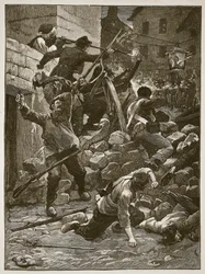 Harc a párizsi barikádokon, illusztráció a Cassells Illustrated History of Englandből (szépia fotó)