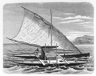 Fijian kettős kenu, az „Az emberiség története” 1. kötetéből, Prof. Friedrich Ratzel, 1896 (metszet)