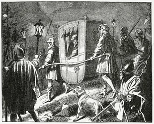 V. Károly császár menekülése 1552-ben a Maurice szász választófejedelem által vezetett protestáns lutheránus csapatok elől, 1882