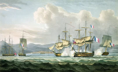 Fregatt akció a Vizagapatam Roads-ban, India mellett, 1804. szeptember 18., T. Sutherland metszet a The Naval Chronology of Great Britain számára, J. Ralfe, megjelent 1820