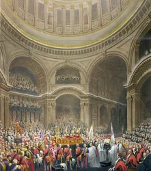 Arthur Wellesley (1769-1852) Wellington herceg temetése a St. Pauls Cathedralban, metszett J. Thomson és E.J. Parris, 1852