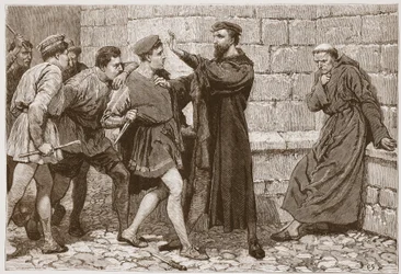 George Wishart védekezik lehetséges merénylője ellen, illusztráció James Aitken Wylie (1808-1890) „The History of Protestantism” című művéből, megjelent 1878-ban