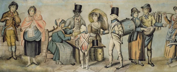 Going to the Fair, részlet a zenés családi fellépésről és az almaárusról, 1815 körül (wc és gouache papíron) (lásd még: 107508 és 107509)
