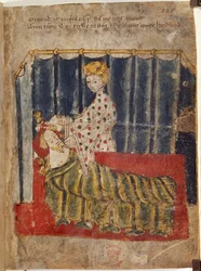 Zöld lovag felesége és Gawain, illusztráció a „Sir Gawain és a zöld lovag” című könyvből (vellum)