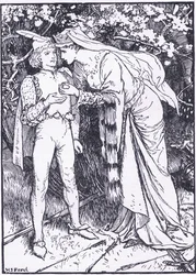 Guenevere elküldi oldalát Lancelotnak segítségért, a Longmans Green and Co által kiadott „The Book of Romance” illusztrációval.